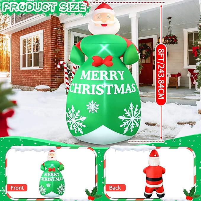 2025 Christamas Inflatable Santa Claus 8FT Santa Holding A Gift Bag Christamas Inflatables Outdoor Decoration Xmas Santa Blow Up Yard Decorations Built-in 4 LEDs for Holiday Party Yard Garden Lawn
