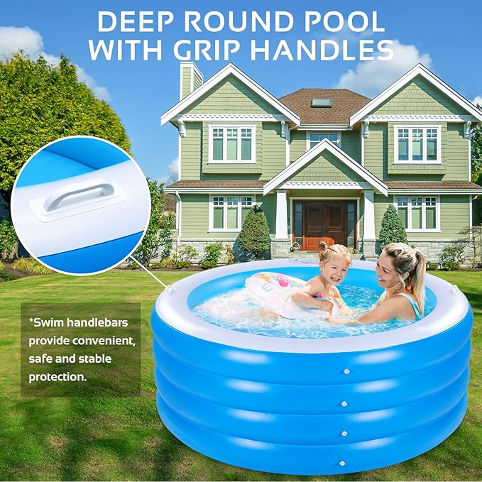 Inflatable Swimming Pool, 70"x30" Large Deep Round Inflatable Pool with Handles Family Pool, Summer Water Party, Kids, Outdoor, Garden Backyard, Suitable for Adults & 3+ Year Olds (Blue)