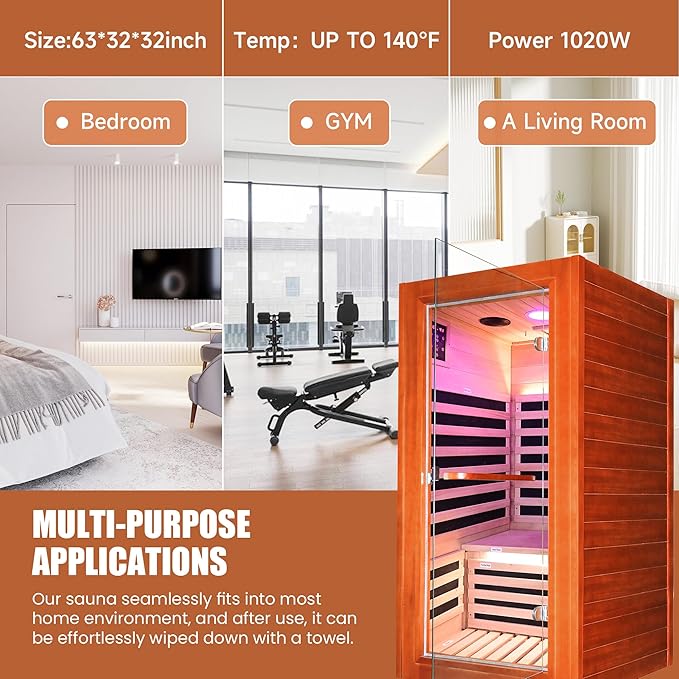 Far Infrared Sauna for Home Indoor Sauna Wooden Dry Saunas for 1 Person 1020W 110V with Control Panel, Bluetooth Speaker, Reading Lamp