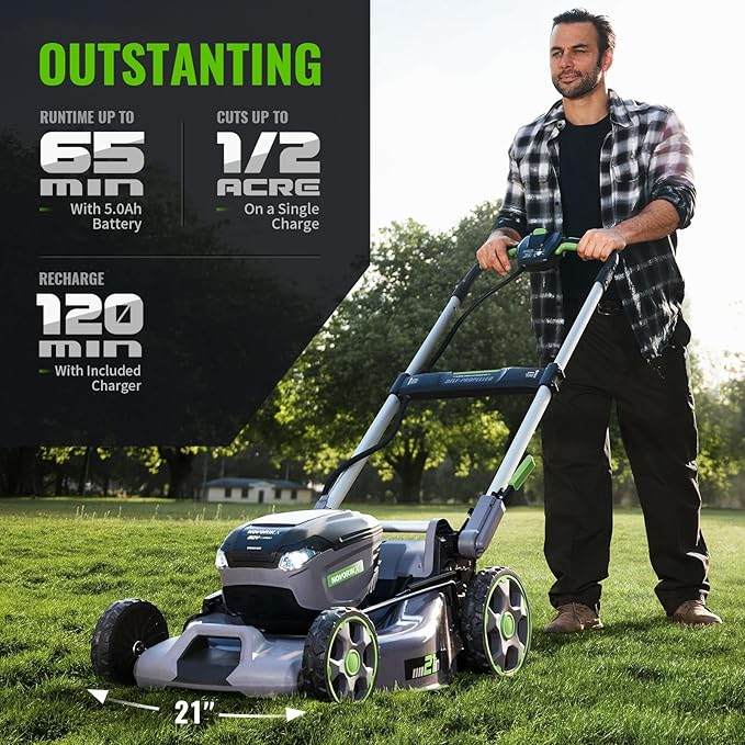 60V Self-Propelled Lawn Mower 21-Inch, Brushless Cordless Mower for Large Yards, Electric with LED Headlight, 5.0Ah Battery & Rapid Charger