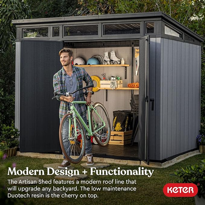 Keter Artisan 9x7 Foot Large Outdoor Shed with Floor with Modern Design for Patio Furniture, Lawn Mower, Tools, and Bike Storage, feet, Grey/Black