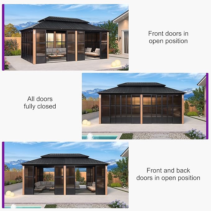 PURPLE LEAF 12' X 20' Patio Hardtop Gazebo Double Top Outdoor Screen House Aluminum Solarium Backyard Sun Room with Detachable Windows and 36 Solar String Light