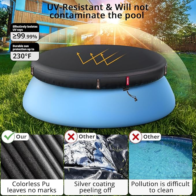 QH.HOME 6ft Round Inflatable Pool Cover for Above Ground Pools, Stock Tank Cover Protector with Attachment, One Piece Tear Resistant Round Hot Tub Cover, Wind and Dust Resistant, Fit Small Pool Cover