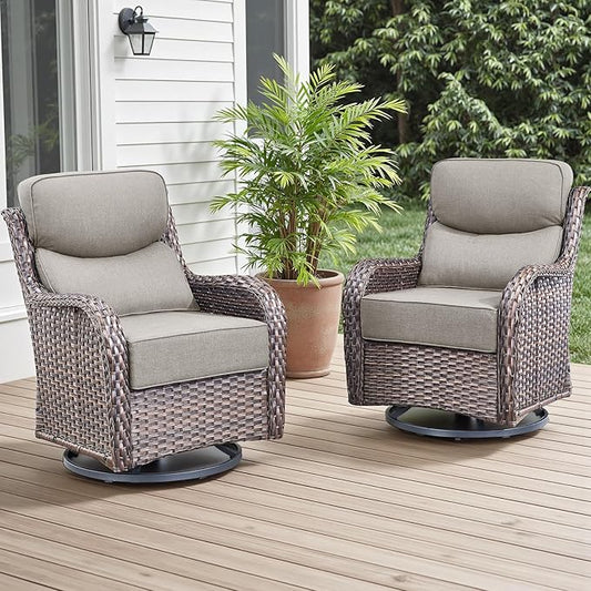 Rilyson Outdoor Patio Swivel Rocker Chairs Set of 2, Waterproof Wicker, High Back, Deep Seating, Wide Armrest, Upgraded 6 inch Thick Cushions, Ideal for Deck Porch Backyard, Brown/Beige