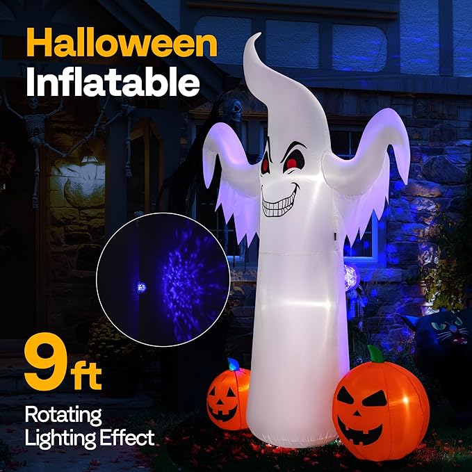 VIVOHOME 9FT Halloween Inflatable Yard Decor, Giant Ghost with 2 Pumpkin, Outdoor Blow Up with Built-in LED Light for Lawn, Garden, Party