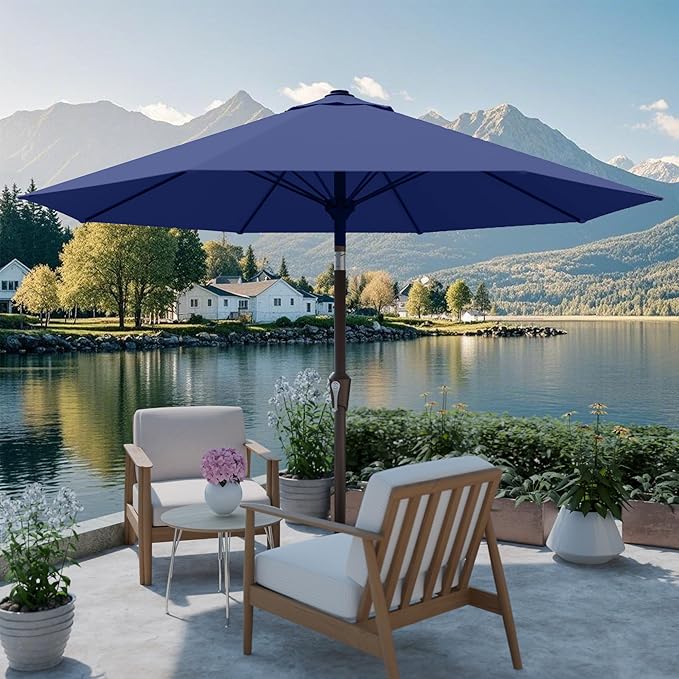 PatioKingdom Auto-Tilt 9FT Patio Umbrella Outdoor with 8 Sturdy Fiberglass Ribs,Market Table Umbrella for Pool,Backyard,Deck and Garden
