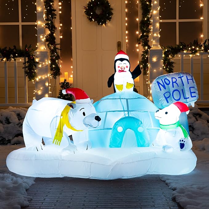 Joiedomi 6 FT Long Christmas Inflatable North Pole with Build-in LEDs, Blow Up Inflatable Polar Bears & Penguin for Xmas Party Indoor, Outdoor, Yard, Garden, Lawn Décor, Holiday Season Decorations