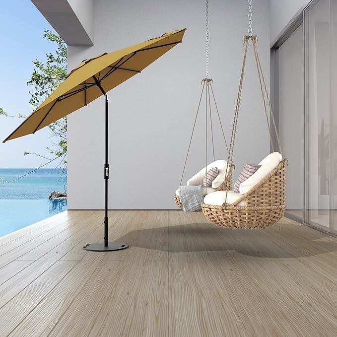 Midtown Umbrellas The Swilt 10 Feet Patio Umbrella in Terylast Sand (Tan) Polyester Fabric - Fiberglass Ribs, Auto-Tilt Aluminum Frame For Backyard, Deck, Garden, Pool - White Pole