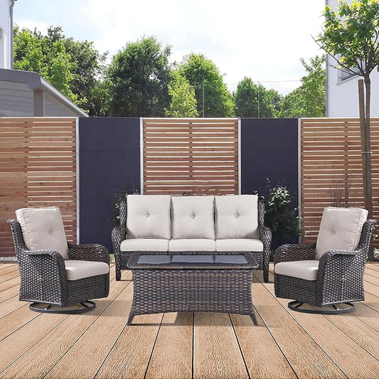 4 Piece Patio Furniture-All-Weather PE Wicker Outdoor Patio Furniture with Swivel Rocker Chairs,Outdoor Couch, Set with Coffee Table-Brown/Beige