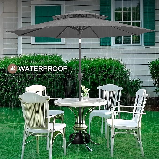 FLAME&SHADE 9ft Patio Umbrella - 2 Tiers Outdoor Umbrella with Push Button Tilt and Crank for UV Protection, Table Market Umbrella for Garden, Deck, Backyard, Pool and Beach(Anthracite)