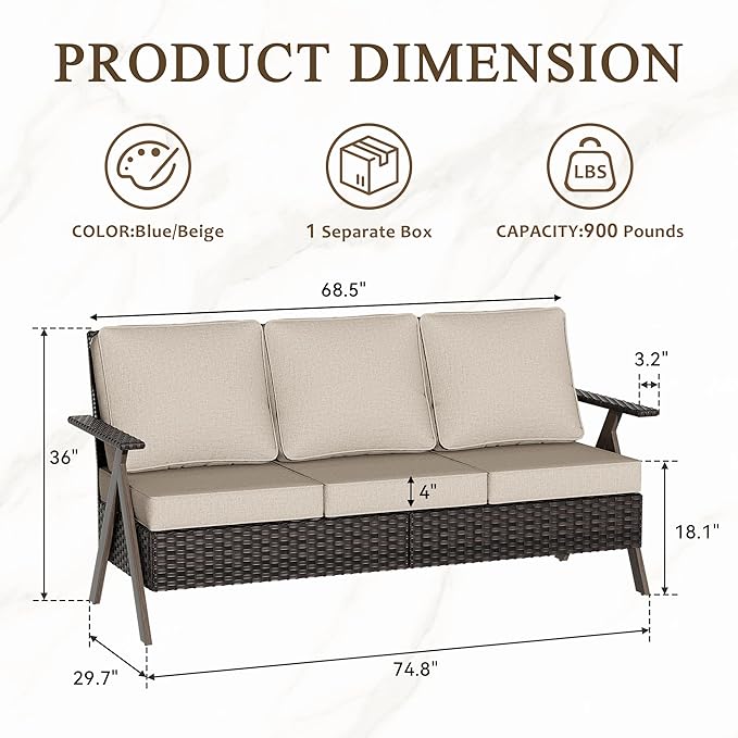 Wicker Outdoor Couch, Patio Furniture Sofa, 3-Seat All Weather Metal Patio Couch with Thick and Soft Cushion, Outdoor Sofa for Balcony, Porch