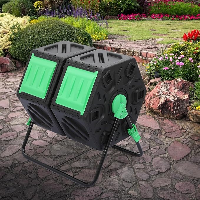MoNiBloom 34 Gallon Compost Bins Outdoor Dual Chamber Composter Tumbler, All-Season Fast Working Tumbling Composter, High Volume Composter with 2 Sliding Doors
