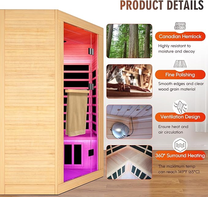 Corner Sauna for 2-3 Person Far Infrared Saunas Room Home Canadian Hemlock Indoor 2180W Low-EMF Dry Saunas with 7 Color Therapy 47.2 * 47.2 * 74.8inch