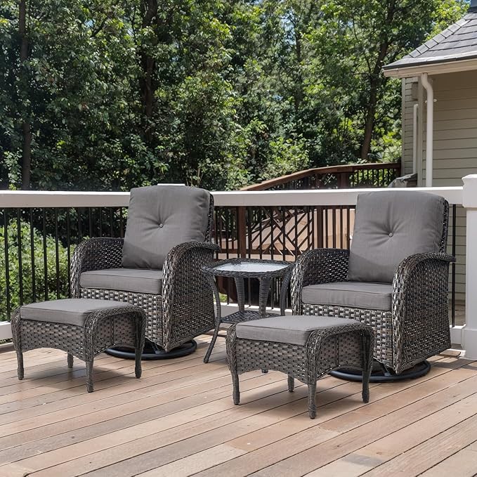 Outdoor Swivel Glider Rocker Chairs Set- 5 Piece Patio Furniture Set, Patio Bistro Sets with Tempered Glass Side Table and 2 Ottoman, for Balcony, Porch - Brown Wicker, Grey Cushion