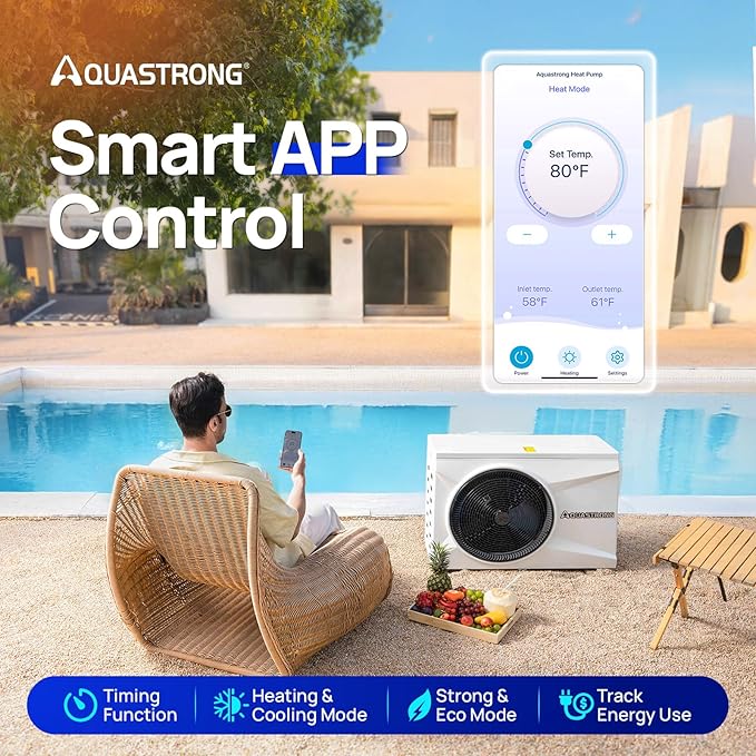 Aquastrong Inverter Swimming Pool Heat Pump, 75,000 BTU 21,000 Gallons Electric Pool Heater for Above Ground and Inground Pool, WiFi Capable Timer, Heating and Cooling Pool Heater 220V