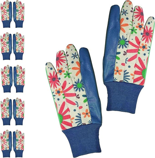 Floral Gardening Gloves for Women, 9 Inch. 6 Pairs Cotton Work Gloves with Knit Wrist. Gardening Gifts for Women