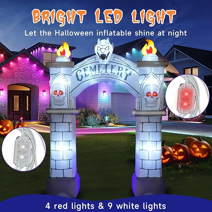 9.5FT Halloween Inflatable Archway, Giant Blow up Arch Yard Decorations with Skeleton, CEMETERY, Wisp, Demon, Outdoor Halloween Decorations Build-in LEDs Lights for Yard, Party, Garden, Lawn