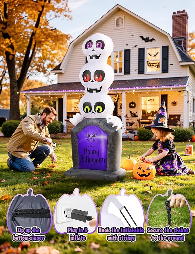 Halloween Inflatables Outdoor Decoration, 6.5FT Pumpkin/Tombstone/Black Cat/Ghost Tree, Cute Blow Up Yard Decor, for Outside Garage Door Graveyard Yard Porch Lawn (6.5FT Ghost+Tombstone)