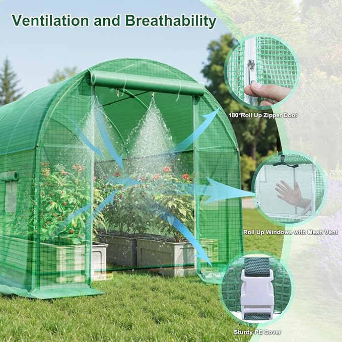Greenhouse with Watering System, 12x7x7 Outdoor Greenhouse with 6 Mesh Windows and 1 Door, Easy Water and Irrigate Plants Green House (Green, 12x7x7 ft w/ Irrigation System)