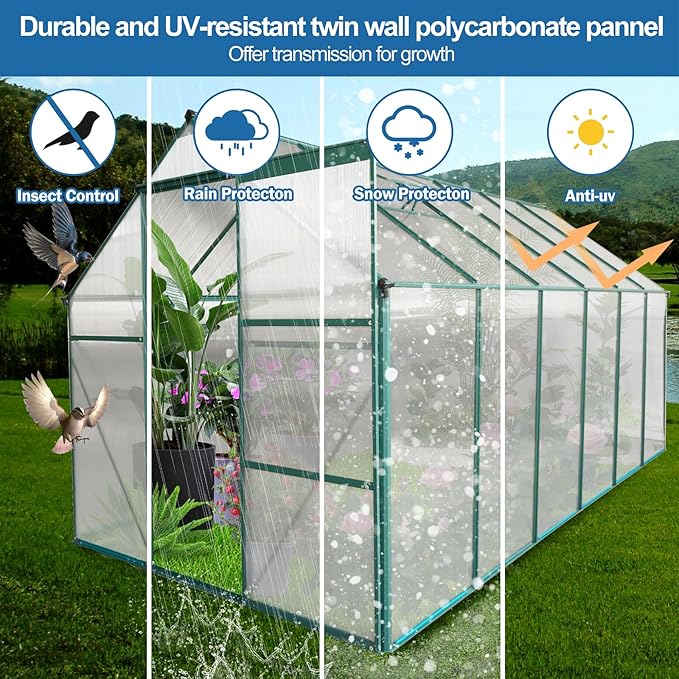 Favfurish 6x12 FT Greenhouse, Outdoor Polycarbonate Hot House, Garden Plants Green House with Raised Base, Sliding Door and Adjustable Vent Roof for Outdoor Patio, Green