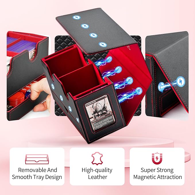 Card Deck Box for MTG, Double Card Storage Box with 2 Commander Display & 1 Dice Tray, Fits 200+ Double Sleeved Cards, Card Organizer for CCG TCG Sports Cards (Black Red)