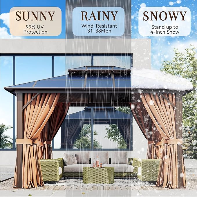 10'x12' Hardtop, Double Roof Gazebo, Aluminum Frame Permanent Pavilion with Netting and Curtains, Outdoor Polycarbonate Gazebo, for Patios, Gardens, Lawns