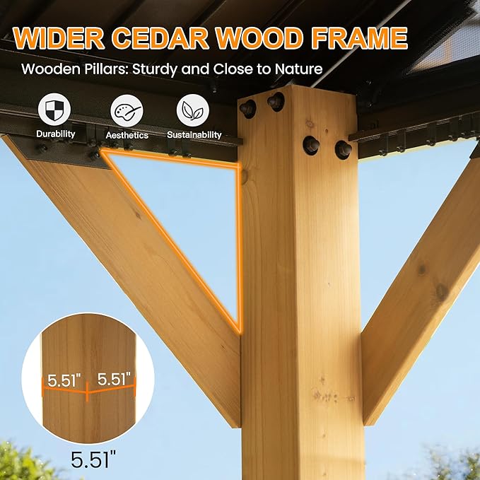 Domi 12x20FT Cedar Wood Hardtop Gazebo with Curtains and Netting, Galvanized Steel Gable Roof, Hooks, Heavy Duty Outdoor Pavilion All Weather Pergola for Patio, Deck, Backyard