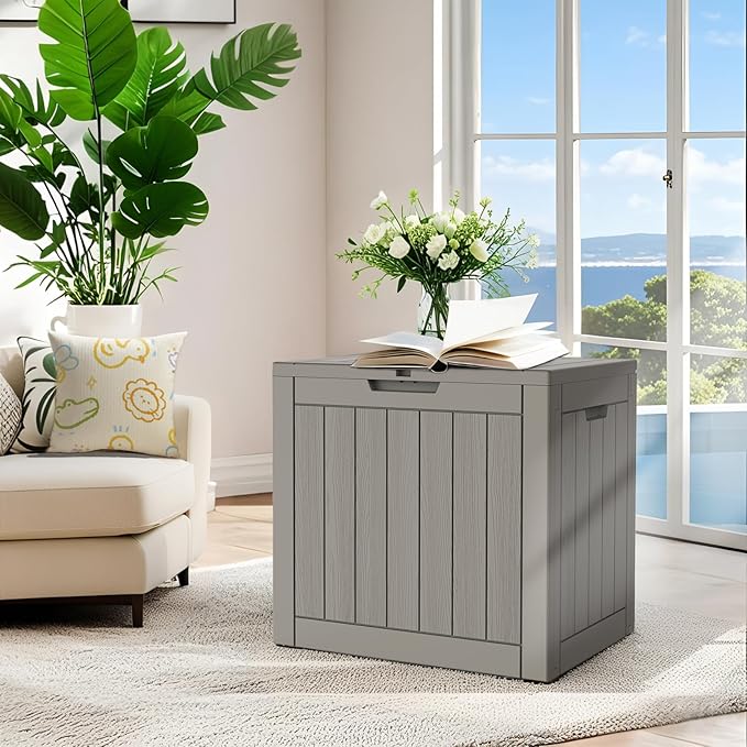 Outdoor Storage Box, Deck Box Waterproof 35 Gallon, Resin Outside Storage, Storage Bin for Package Delivery, Patio Furniture Cushion, Pool Accessories, Weatherproof and UV Resistant, Grey