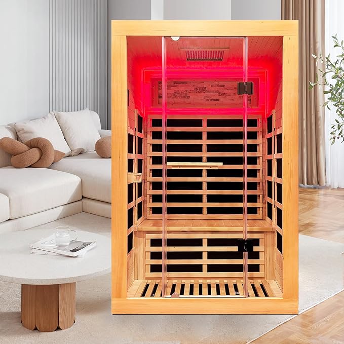 Infrared Sauna 2000W Wooden Saunas Home Spa Room Canadian Hemlock Wood Low-EMF Indoor Saunas with with Red Light Beauty Lamp for Two Person 74.8 * 47.2 * 41.3Inch