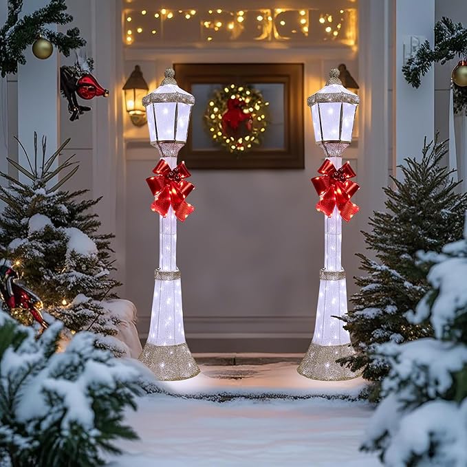 60Inch Outdoor Christmas Decorations Outdoor Lighted Lamp Post 3D Lamppost LED Lighted Display with 128 LED Lights&Bow, Holiday Decorations for Yard, Porch, Patio (2-Pack)