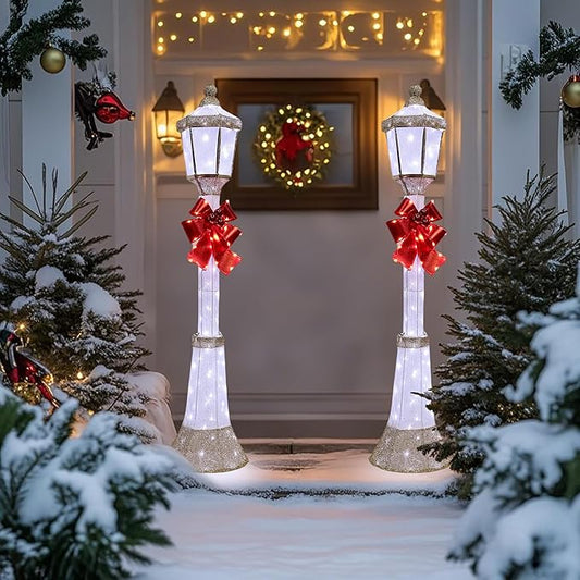 60Inch Outdoor Christmas Decorations Outdoor Lighted Lamp Post 3D Lamppost LED Lighted Display with 128 LED Lights&Bow, Holiday Decorations for Yard, Porch, Patio (2-Pack)