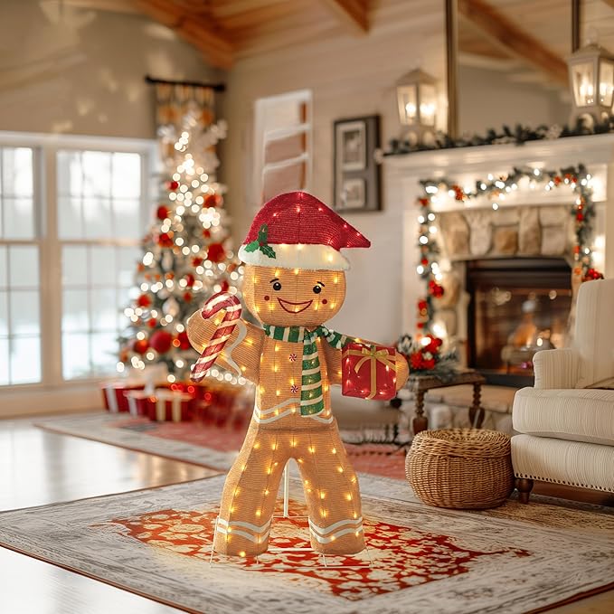VEIKOU 5FT Gingerbread Man Christmas Decoration with 120 LED for Outdoor Yard Decorations, 2.5D Pre-Lit Gingerbread Man with Candy Cane and Gift Box, Freestanding Glittered Holiday Display
