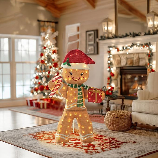 VEIKOU 5FT Gingerbread Man Christmas Decoration with 120 LED for Outdoor Yard Decorations, 2.5D Pre-Lit Gingerbread Man with Candy Cane and Gift Box, Freestanding Glittered Holiday Display