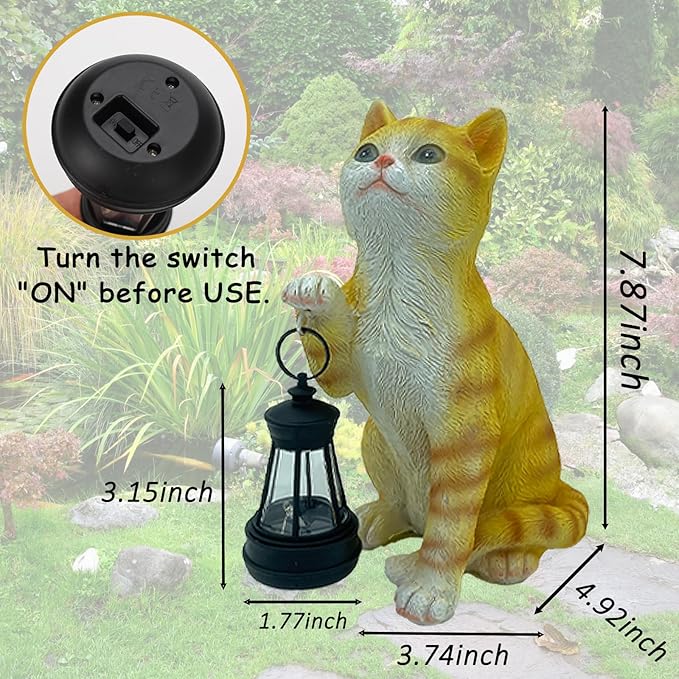 Garden Decor Solar Cat Statues with Solar Lantern Outdoor Decor Lovely Tabby cat Figurine Halloween Yard Decoration Spooky Lawn and Garden Decor Holiday Party Ornament for Cat Lovers