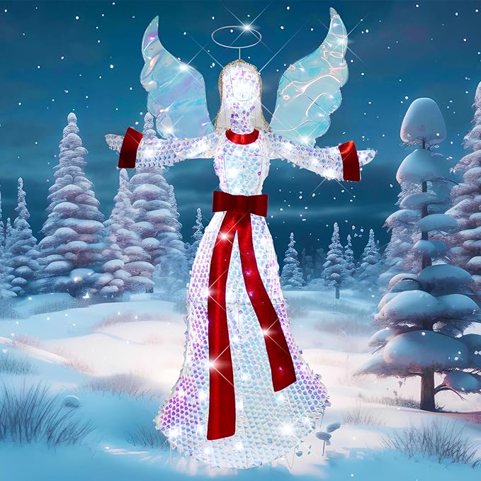 5FT Lighted-up Angel Christmas Decoration, 3D Halo Wings Angel Glitter Decor with LED Lights, Holiday Decorate The Yard Garden Lawn Porch