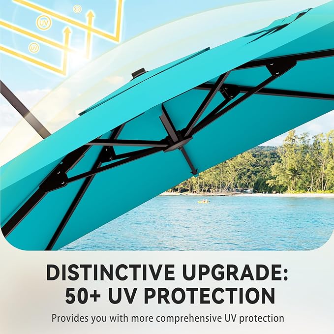 9' X 12' Cantilever Patio Umbrella with Base Included 360°Rotation Rectangular Outdoor Large Offset Umbrellas Heavy Duty Windproof for Garden Deck Pool, Turquoise