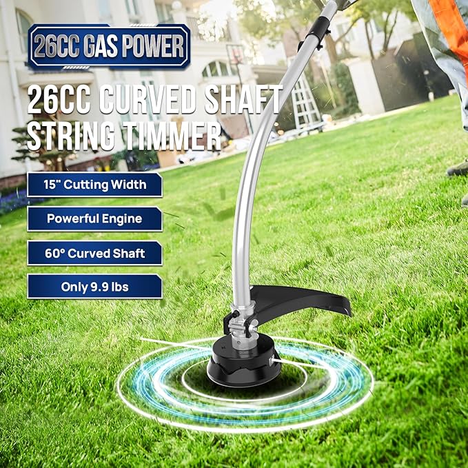 WILD BADGER POWER 26cc Weed Wacker Gas Powered, 2 in 1 String Trimmer/Edger 15" with Curved Shaft, Light Weight 9.9 lbs