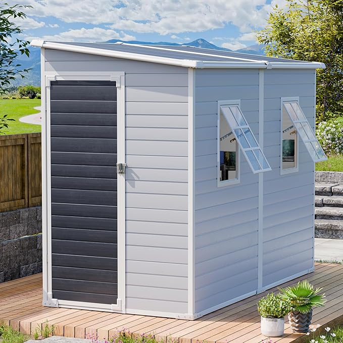 8x4 FT Resin Storage Sheds with Floor and Adjustable Openable Windows, Large Waterproof Garden Sheds with Base, Outside Plastic Sheds with 2 Windows for Backyard Garden Patio Lawn Tools Storage, Gray