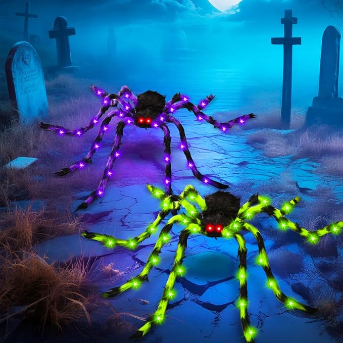 2 Pack 50" Halloween Light Up Spiders, Giant Hairy Spider Decorations with Green and Purple LED Lights, Scary Outdoor Indoor Halloween Decor for Yard, Porch, Tree, Party, Haunted House