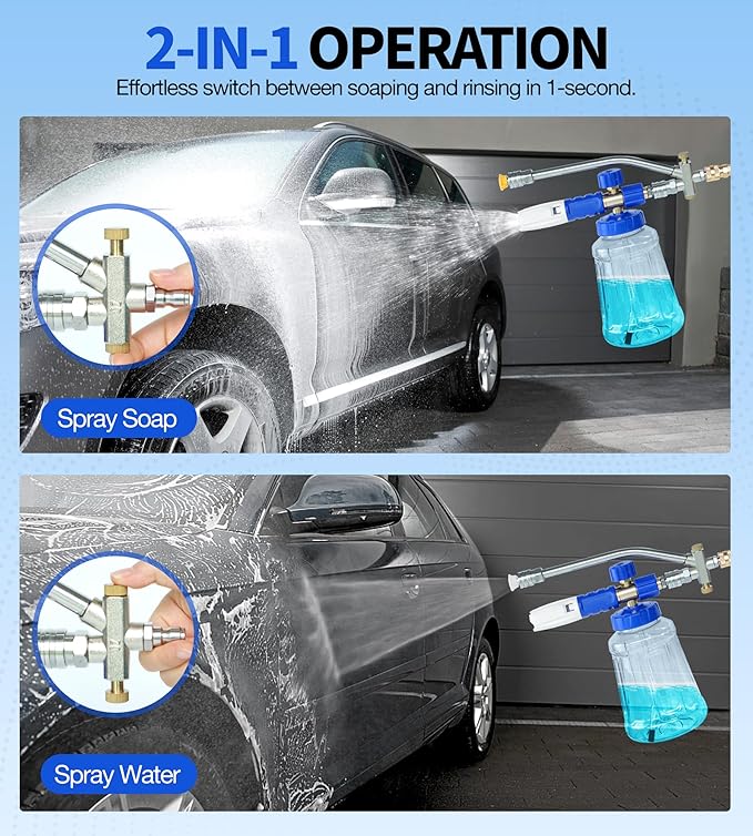 Dual Spray Foam Cannon Power Washer Gun, 4350 PSI High Pressure Short Gun Snow Foam Lance with 1/4 Inch Quick Connector, Car Wash Sprayer with 5 Pressure Washer Nozzle Tips for Car Cleaning