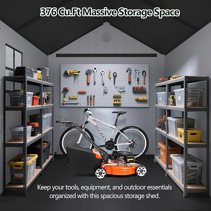 Seizeen 8x8 FT Outdoor Storage Shed, All-Weather Resin Plastic Shed with Floor, Window, Lockable Doors & Vents, Patio Garden Tool Shed for Storing Lawn Mower, Bike, Outdoor Furniture (Light Gray)