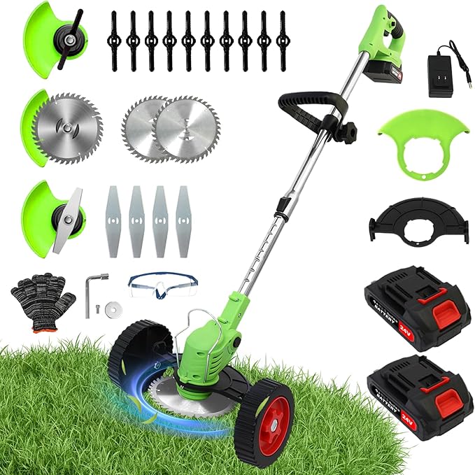 ALSO GO 24V Electric Weed Wacker, Cordless Weed Trimmer, Battery Powered Grass Trimmer with 2pcs Batteries, 3 in 1 Weed Eater with Wheels, Stringless Lightweight Grass Cutter for Lawn Garden Yard