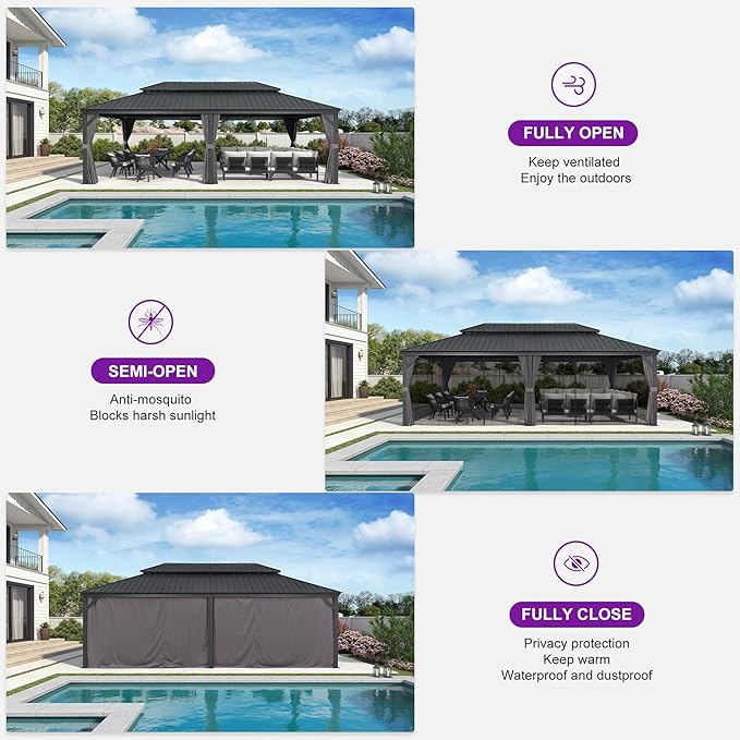 PURPLE LEAF 14' X 24' Outdoor Hardtop Gazebo Aluminum Pavilion with Galvanized Steel Double Roof for Garden Patio Lawns Permanent Gazebo with Curtains and Nettings Grey