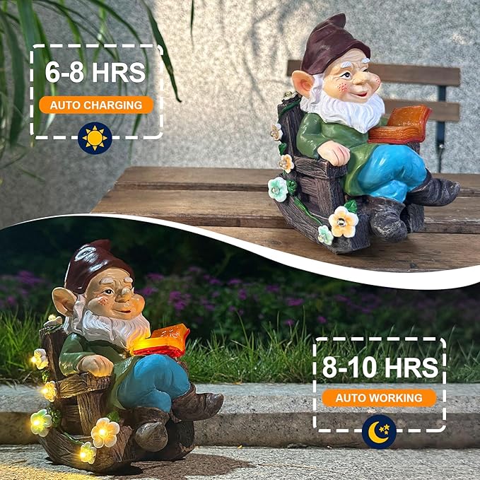 Solar Garden Gnome Statues Outdoor, Fairy Halloween Rocking Chair Gnomes Reading Book Succulents Figurines Lights Yard Art Sculpture Home Decor for Outside Patio Balcony Lawn, Unique Loved One Gifts
