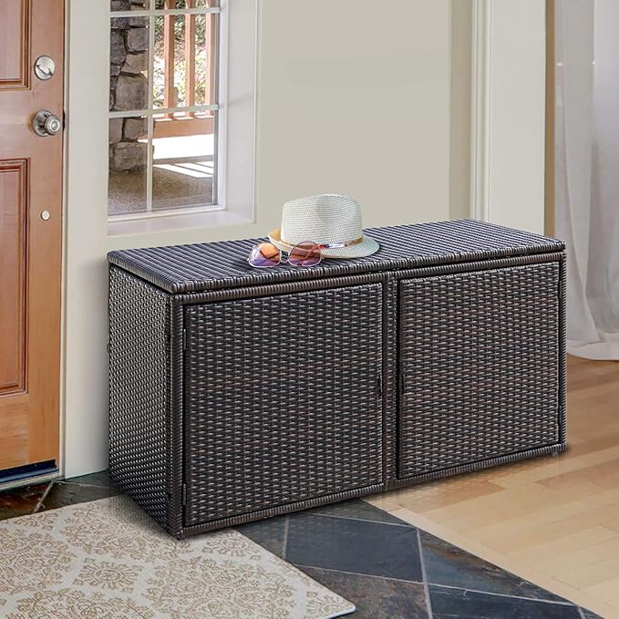 HAPPYGRILL Deck Box Outdoor Wicker Storage Box Cabinet 88 Gallon Storage Container Bin Box for Furniture Tools in Garden Balcony Porch Yard