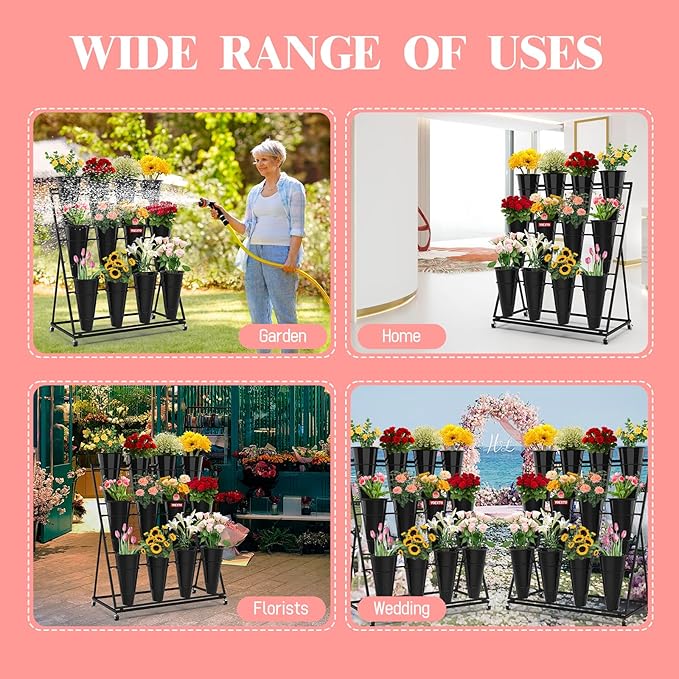 Flower Display Stand with Buckets, 3-Layers 12 PCS Buckets Plant Stand with Wheels, Movable Metal Plant Stand for Terrace Garden, Living Room, Florist Shop