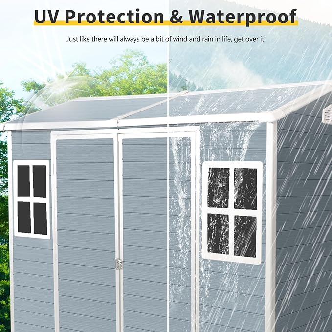 8x4 FT Outdoor Storage Shed,Garden Shed with Floor & 2 Windows,All Weather Waterproof Tool House W/Air Vent,Sloped Roof & Lockable Double Door,for Patio,Yard,Lawn,Grey