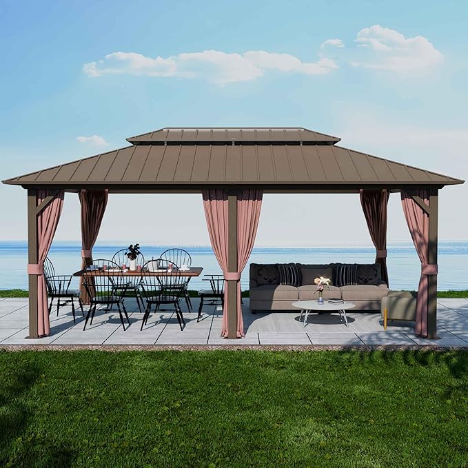 12'x20' Hardtop Gazebo, Outdoor Aluminum Frame Galvanized Steel Double Roof Pavilion with Netting and Shaded Curtains, Permanent Metal Pergolas for Patio, Backyard, Deck and Lawns.