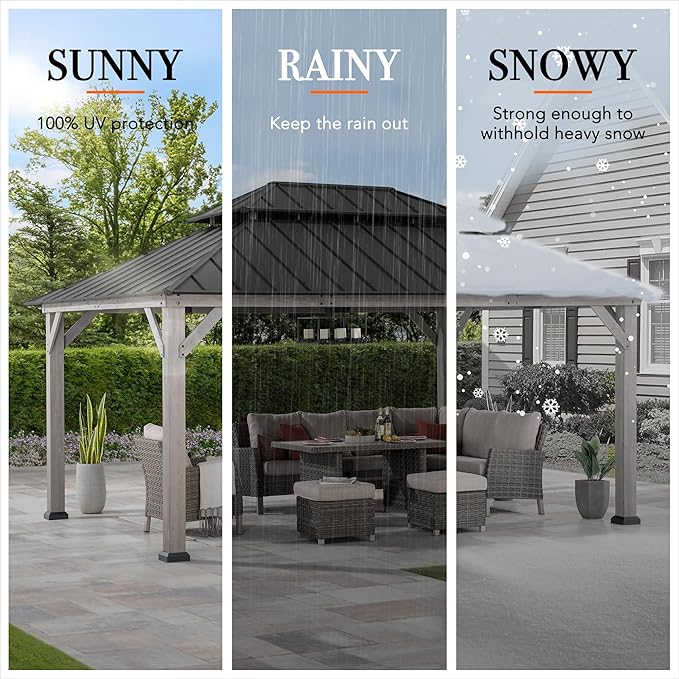 SUNJOY 12 x 16 ft. Wood Gazebo, Outdoor Patio Cedar Framed Steel Hardtop Gazebo with 2-Tier Metal Roof, Suitable for Patios, Lawn and Backyard, Matte Black Roof + Gray Wood Frame