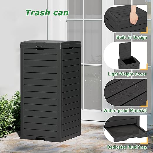 31 Gallon Outdoor Trash Can, Waterproof Resin Garbage Can with Lid and Drip Tray Easy Cleaning Kitchen Waste Bin Patio Waste Bin for Garden, Backyard, Deck and Office, Black